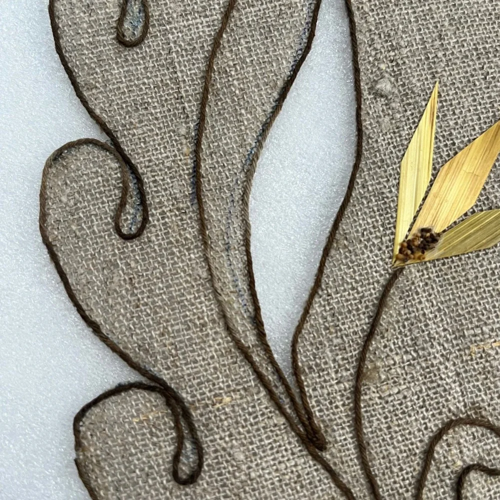 Vintage 7 pc Burlap Placemat Set Bamboo Flower Appliqué Handmade Boho Table Rare